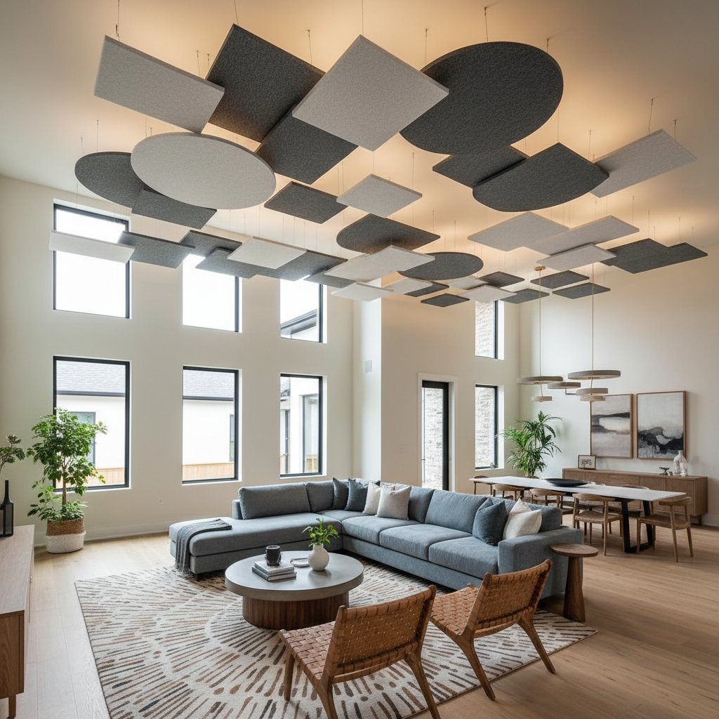 Featured image for Ceiling Clouds Cut Living Room Echo Without Walls